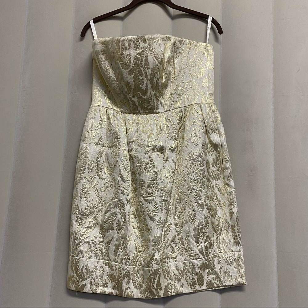 Shoshanna Women’s Dress Size 6 Strapless Gold Jacquard Brocade Mini Designer